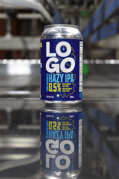 A can of LOGO Hazy IPA and its reflection