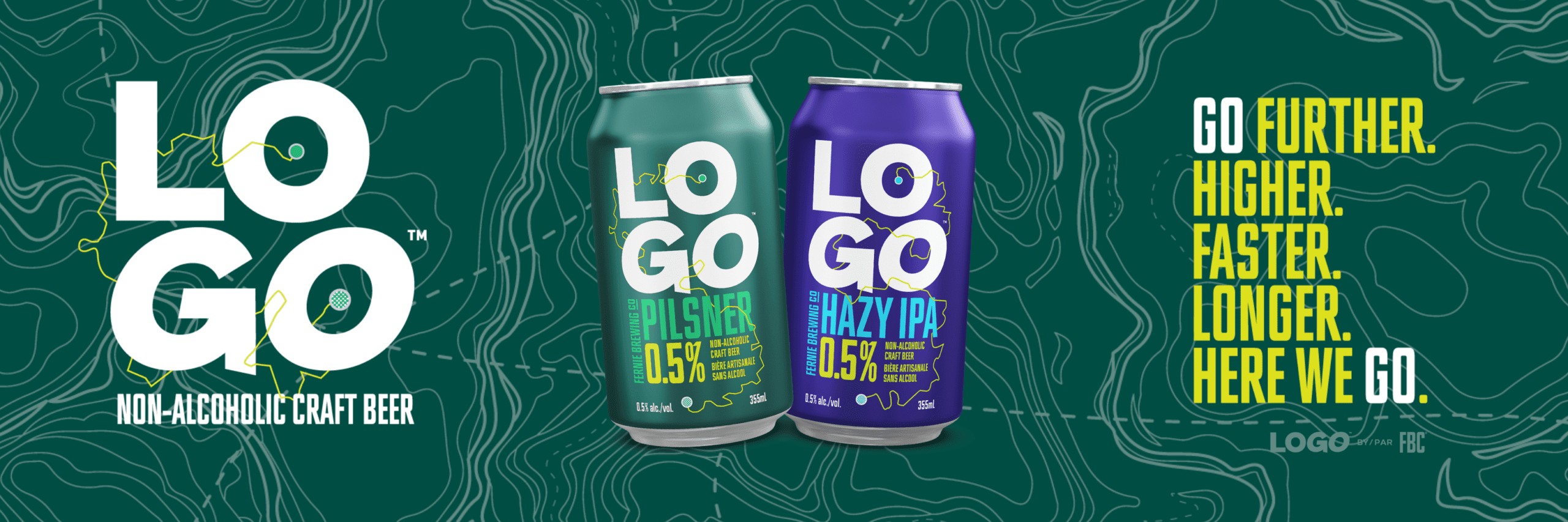 The LOGO non-alcoholic beer styles, Pilsner and Hazy IPA, with the slogan, 